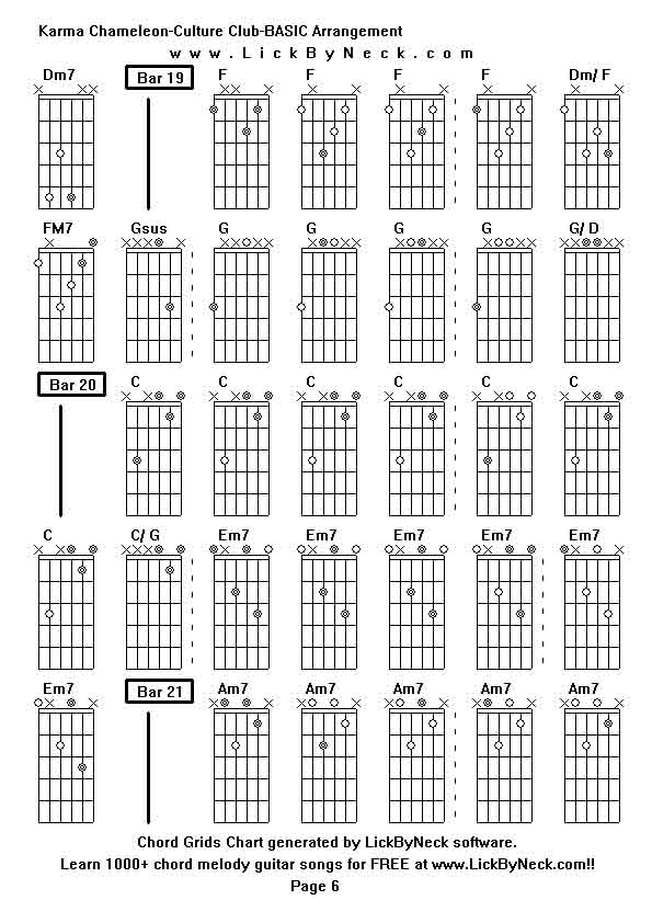 Chord Grids Chart of chord melody fingerstyle guitar song-Karma Chameleon-Culture Club-BASIC Arrangement,generated by LickByNeck software.